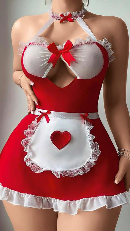 Arias Dolap Kırmızı Beyaz Dantel İşlemeli Kalp Detaylı Fantezi Fransız Hizmetçi Kostümü 