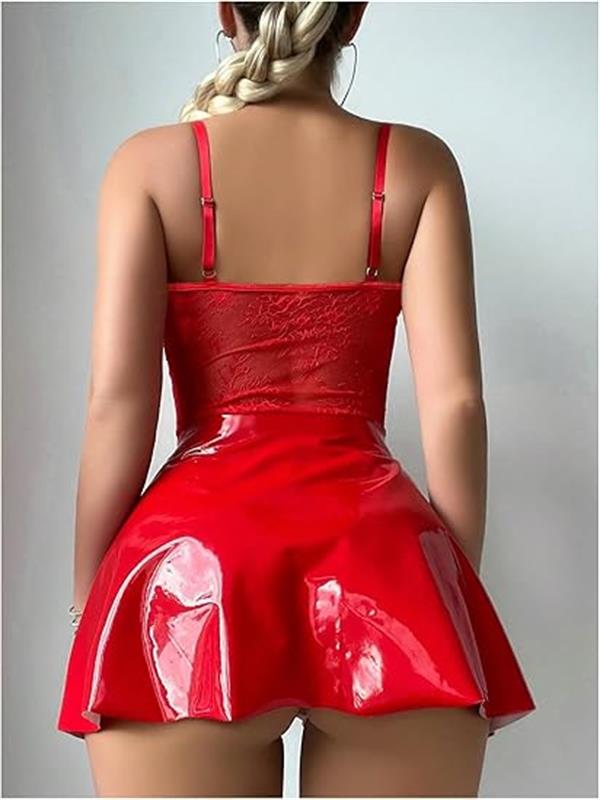Arias Dolap Kırmızı Parlak Deri Şık Bacak Bantlı Fantezi Club Elbise