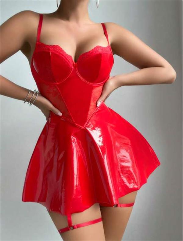 Arias Dolap Kırmızı Parlak Deri Şık Bacak Bantlı Fantezi Club Elbise
