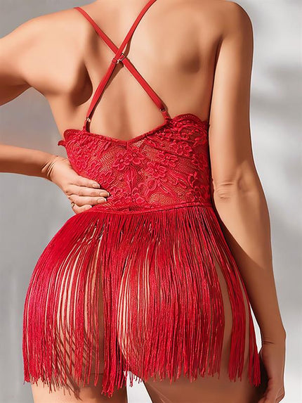 Arias Closet Kırmızı Püsküllü Dantel Detaylı Fantezi Gecelik