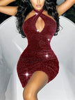 Arias Dolap Özel Tasarım Boyundan Bağlamalı Dekolteli Işıltılı Fantezi Bordo Mini Club Elbisesi