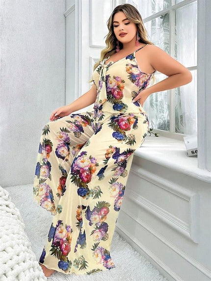 Arias Dolap Özel Tasarım Büyük Beden Çiçek Desenli İnce Askılı 2'li Pijama Takımı 
