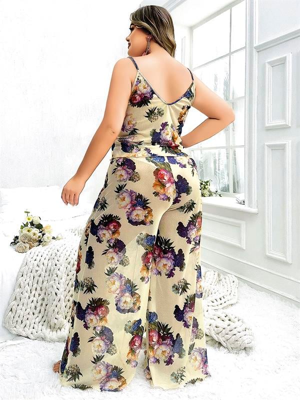 Arias Dolap Özel Tasarım Büyük Beden Çiçek Desenli İnce Askılı 2'li Pijama Takımı 