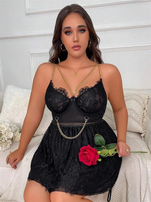 Arias Dolap Özel Tasarım Büyük Beden Fantezi Zincir Detaylı Dantelli Gecelik