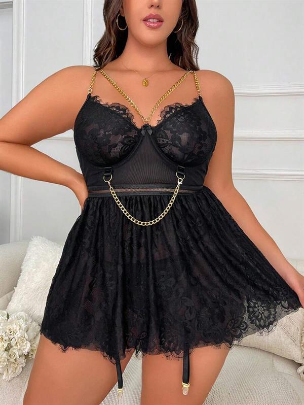 Arias Dolap Özel Tasarım Büyük Beden Fantezi Zincir Detaylı Dantelli Gecelik