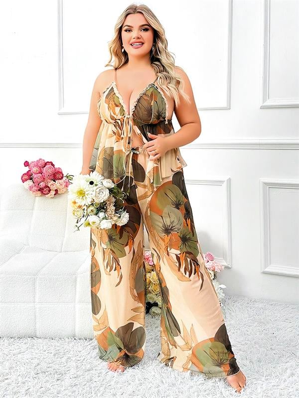 Arias Dolap Özel Tasarım Büyük Beden Çiçek Desenli İnce Askılı 2'li Pijama Takımı 