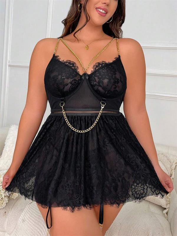 Arias Dolap Özel Tasarım Büyük Beden Fantezi Zincir Detaylı Dantelli Gecelik