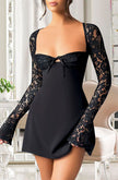 Arias Dolap Özel Tasarım Dantel İşlemeli Şık Uzun Bolerolu Siyah Fantezi Mini Club Elbisesi 