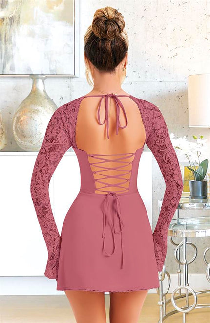 Arias Dolap Özel Tasarım Dantel İşlemeli Şık Uzun Bolerolu Fuşya Fantezi Mini Club Elbisesi 