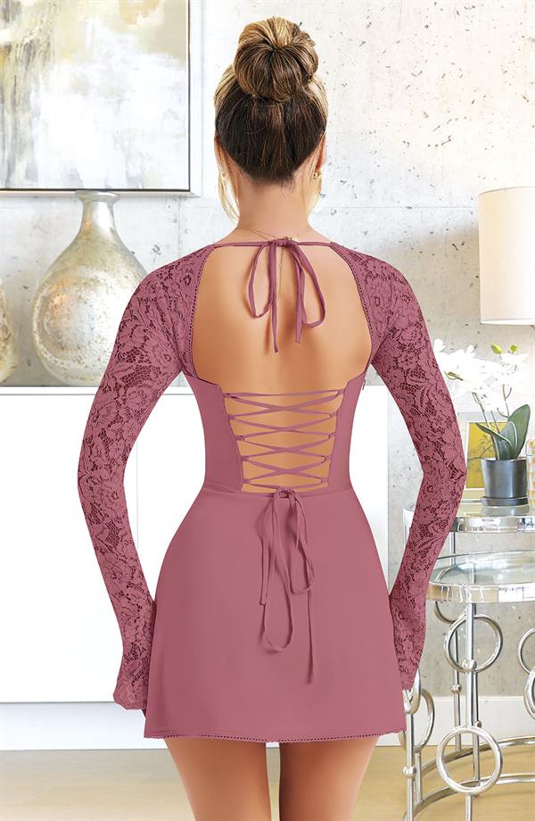 Arias Dolap Özel Tasarım Dantel İşlemeli Şık Uzun Bolerolu Fuşya Fantezi Mini Club Elbisesi 