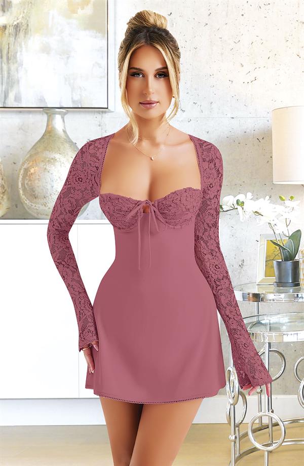 Arias Dolap Özel Tasarım Dantel İşlemeli Şık Uzun Bolerolu Fuşya Fantezi Mini Club Elbisesi 