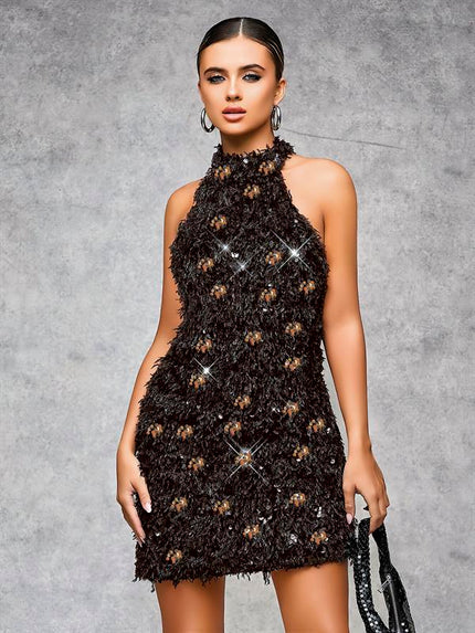 Arias Dolap Özel Tasarım Gümüş Işıltılı Sırt Dekolteli Fantezi Mini Club Elbisesi 