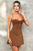 Arias Dolap Özel Tasarım İnce Askılı Sırt Dekolteli Kahverengi Mini Saten Gecelik 
