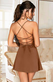Arias Dolap Özel Tasarım İnce Askılı Sırt Dekolteli Kahverengi Mini Saten Gecelik 