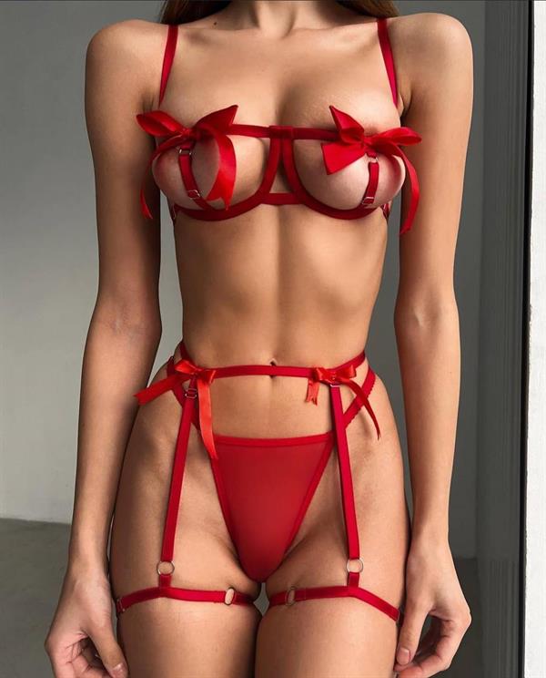 Arias Dolap Özel Tasarım Kırmızı Kurdela Detaylı Jartiyerli Fantezi Sütyen İpli Takım 