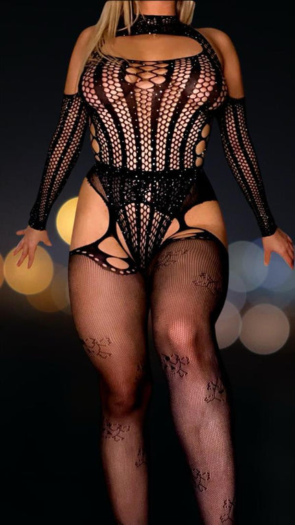 Arias Dolap Özel Tasarım Siyah Taşlı Fantezi Jartiyerli Vücut Çorabı