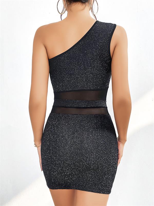 Arias Dolap Özel Tasarım Siyah Tek Omuz Dekolteli Işıltılı Fantezi Mini Club Elbisesi 