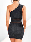 Arias Dolap Özel Tasarım Siyah Tek Omuz Dekolteli Işıltılı Fantezi Mini Club Elbisesi 