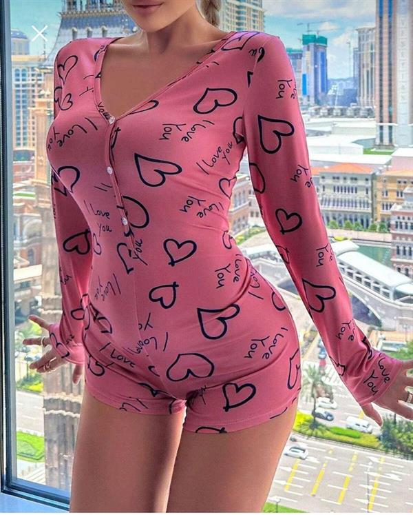 Arias Dolap Pamuklu Pembe Siyah Kalp Desenli Düğmeli Uzun Kol Tulum Pijama