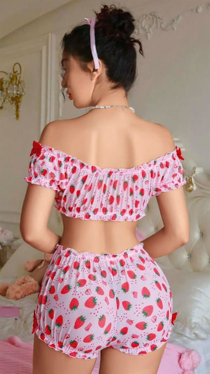 Arias Dolap Pembe Çilek Desenli Şortlu Fantezi Sütyen Takımı 