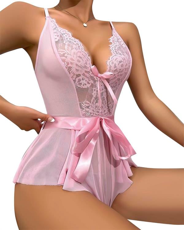 Arias Dolap Pembe Dantel İşlemeli Kurdelalı Fantezi Tül Babydoll 