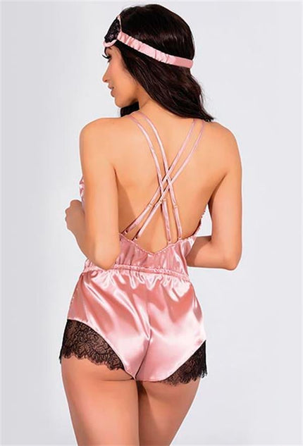 Arias Dolap Pembe Dantelli Sırtı Çapraz Saten Şort Tulum 