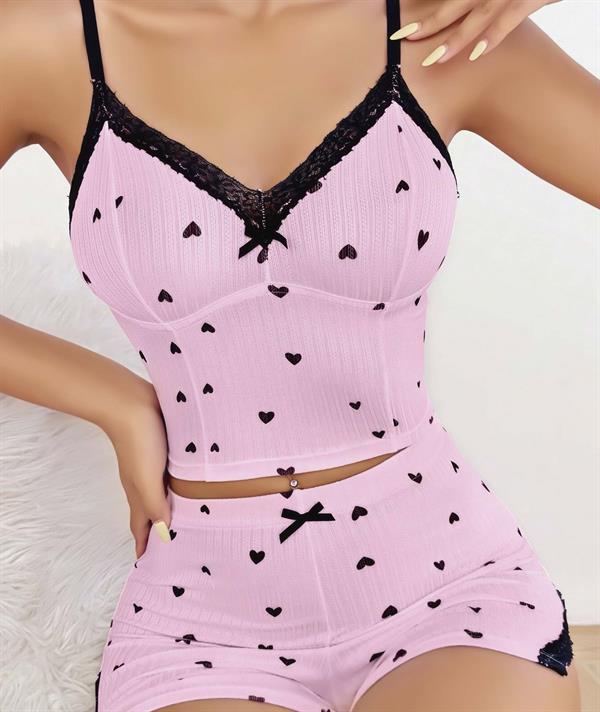 Arias Dolap Pembe Kalp Desenli Askılı Şortlu Pijama Takımı