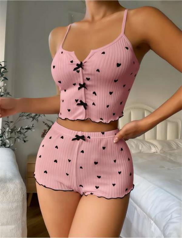 Arias Dolap Pembe Üstüne Siyah Kalp Desenli Askılı Şortlu Pijama Takımı