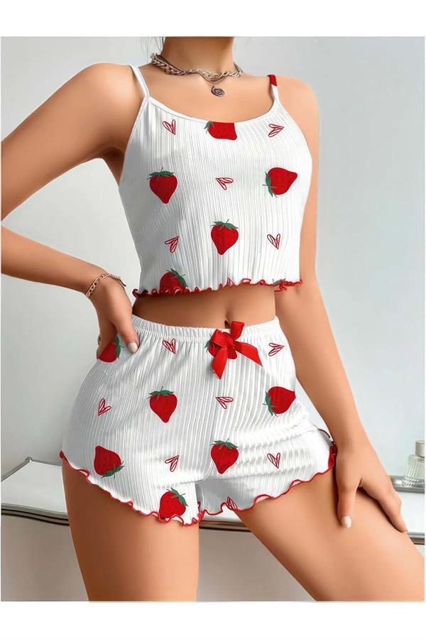 Arias Dolap Penye Kumaş Çilek Desen Beyaz Şortlu Takım