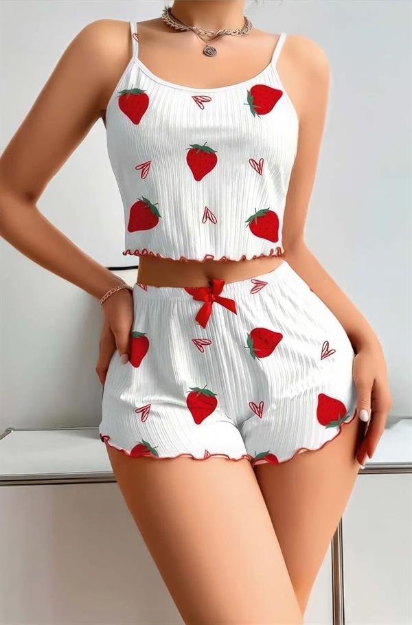 Arias Dolap Penye Kumaş Çilek Desen Beyaz Şortlu Takım