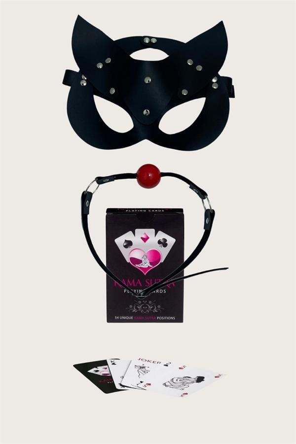 Arias Closet Sexy Görselli Oyun Kartı Kama Sutra Siyah Ağız Topu Maske Seti