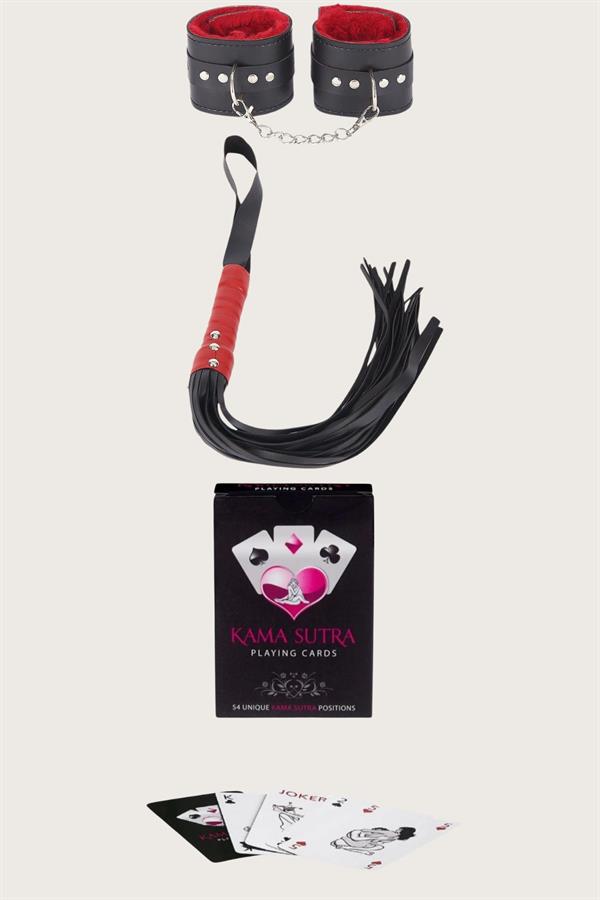 Arias Dolap Seksi Görselli Oyun Kartı Kama Sutra Kelepçe Kırbaç Seti