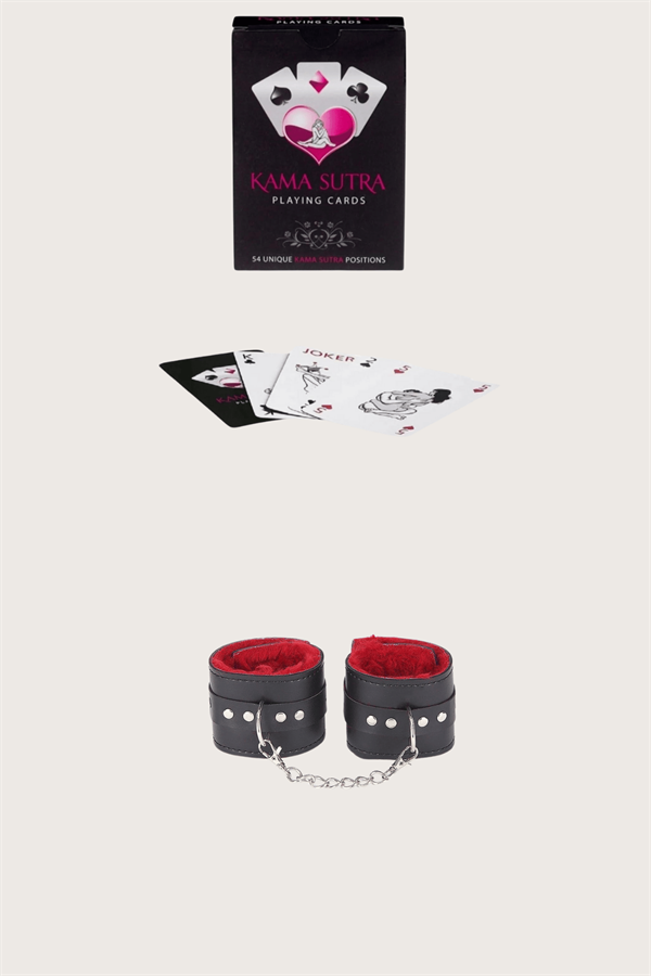 Arias Closet Sexy Görselli Oyun Kartı Kama Sutra Siyah Kırmızı Kelepçe Set
