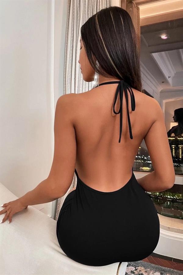 Arias Dolap Siyah Boyundan Bağlamalı Sırt Dekolteli Mini Club Elbisesi