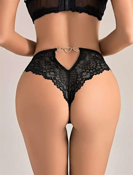 Arias Dolap Siyah Dantel İşlemeli Arkası Kalp Detaylı Fantezi Telli Tanga 
