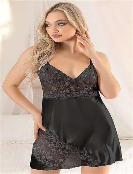 Arias Dolap Siyah Dantel İşlemeli İnce Askılı Saten Kısa Fantezi Gecelik