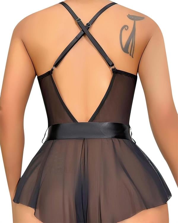 Arias Dolap Siyah Dantel İşlemeli Kurdelalı Fantezi Tül Babydoll 