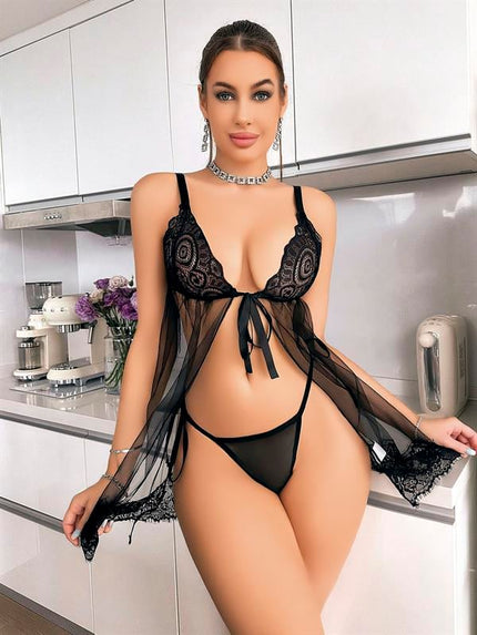 Arias Dolap Siyah Dantel İşlemeli Önden Bağlamalı Fantezi Şık Tül Gecelik 