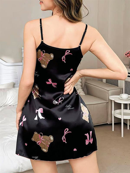 Arias Dolap Siyah İnce Askılı Ayıcık Desenli Saten Mini Gecelik