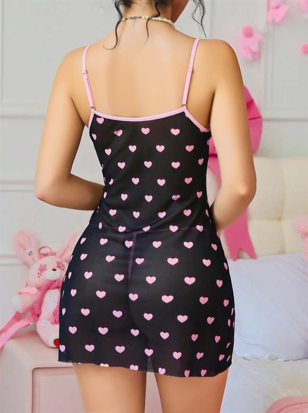 Arias Dolap Siyah Kalp Desenli Dantel İşlemeli Fantezi Gecelik 