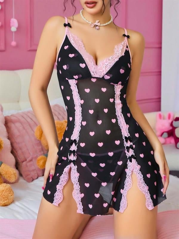 Arias Dolap Siyah Kalp Desenli Dantel İşlemeli Fantezi Gecelik 