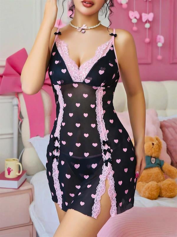 Arias Dolap Siyah Kalp Desenli Dantel İşlemeli Fantezi Gecelik 