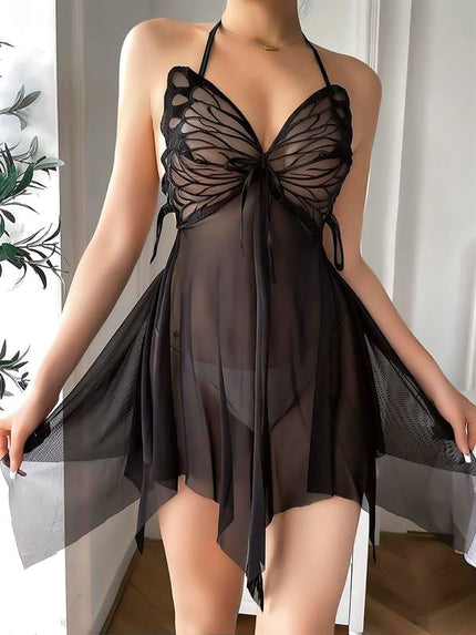 Arias Dolap Siyah Kelebek İşlemeli Tül Fantezi Gecelik 