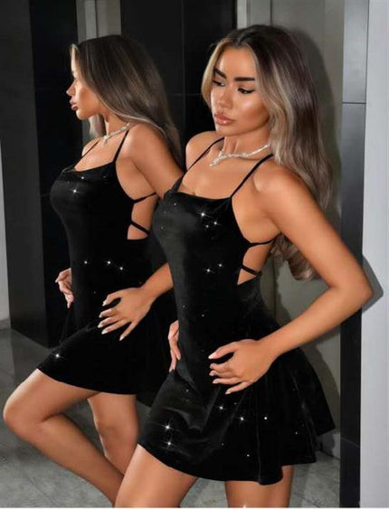 Arias Dolap Siyah Sırt Dekolteli Simli Fantezi Mini Club Elbisesi