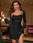Arias Dolap Siyah Yırtmaç Detay Simli Fantezi Mini Club Elbisesi