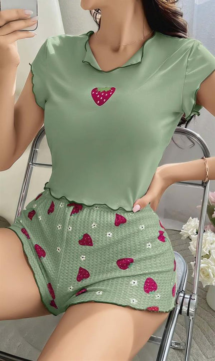 Arias Dolap Yeşil Çilek Desenli Askılı Şortlu Pijama Takımı