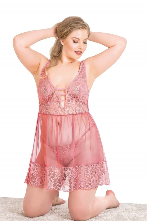 Arias Dolap Büyük Beden Mercan Kısa Tül Gecelik