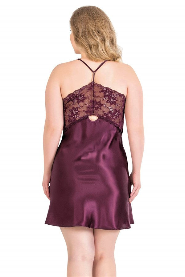 Arias Dolap Büyük Beden Mürdüm Kısa Saten Gecelik