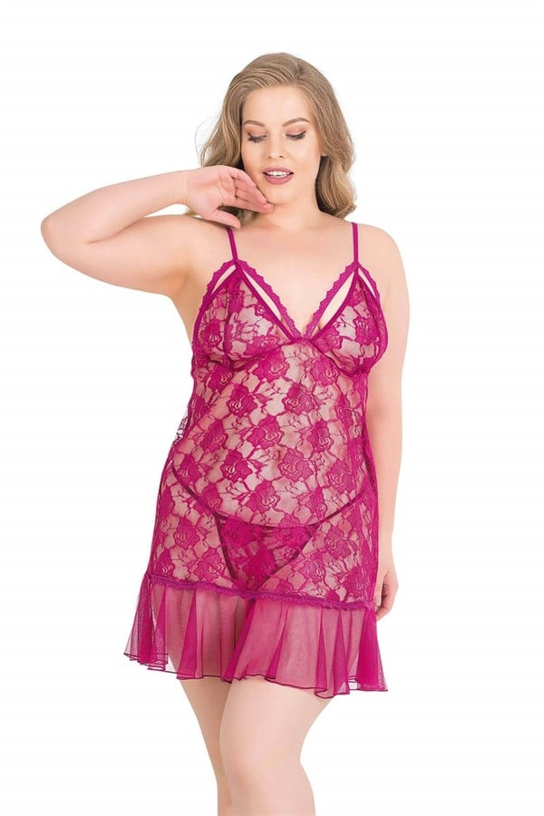 Arias Dolap Büyük Beden Vişne Kısa Tül Gecelik