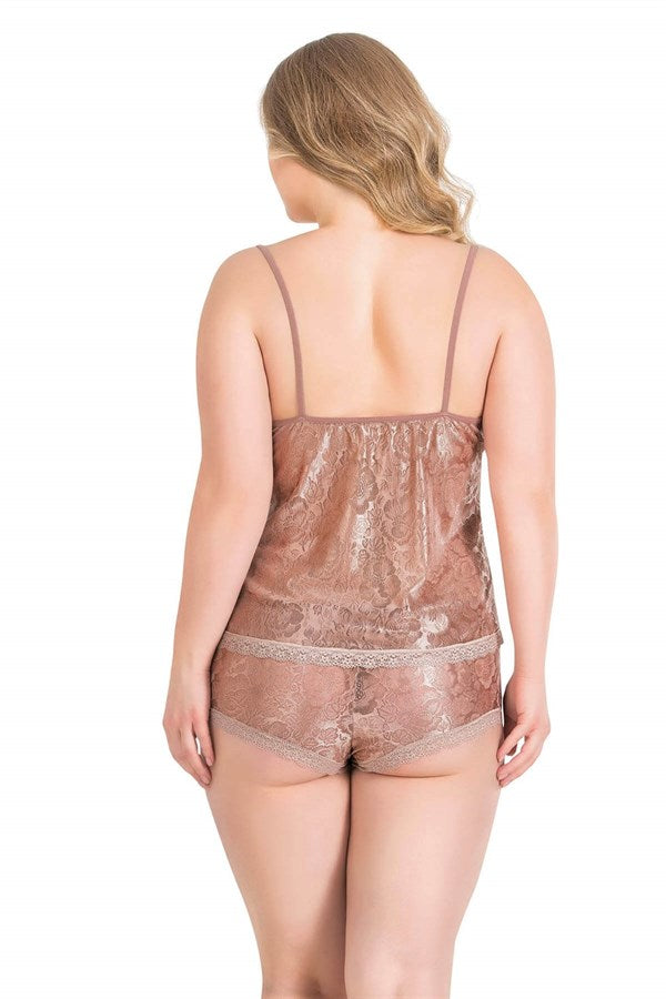 Arias Dolap Büyük Beden Vizon Jakarlı Babydoll Şort Takımı